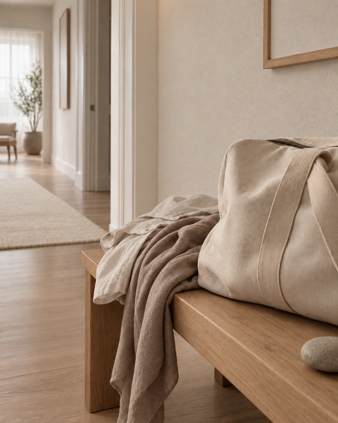 Conceptual travel ritual: a canvas bag and soft layers on an oak bench