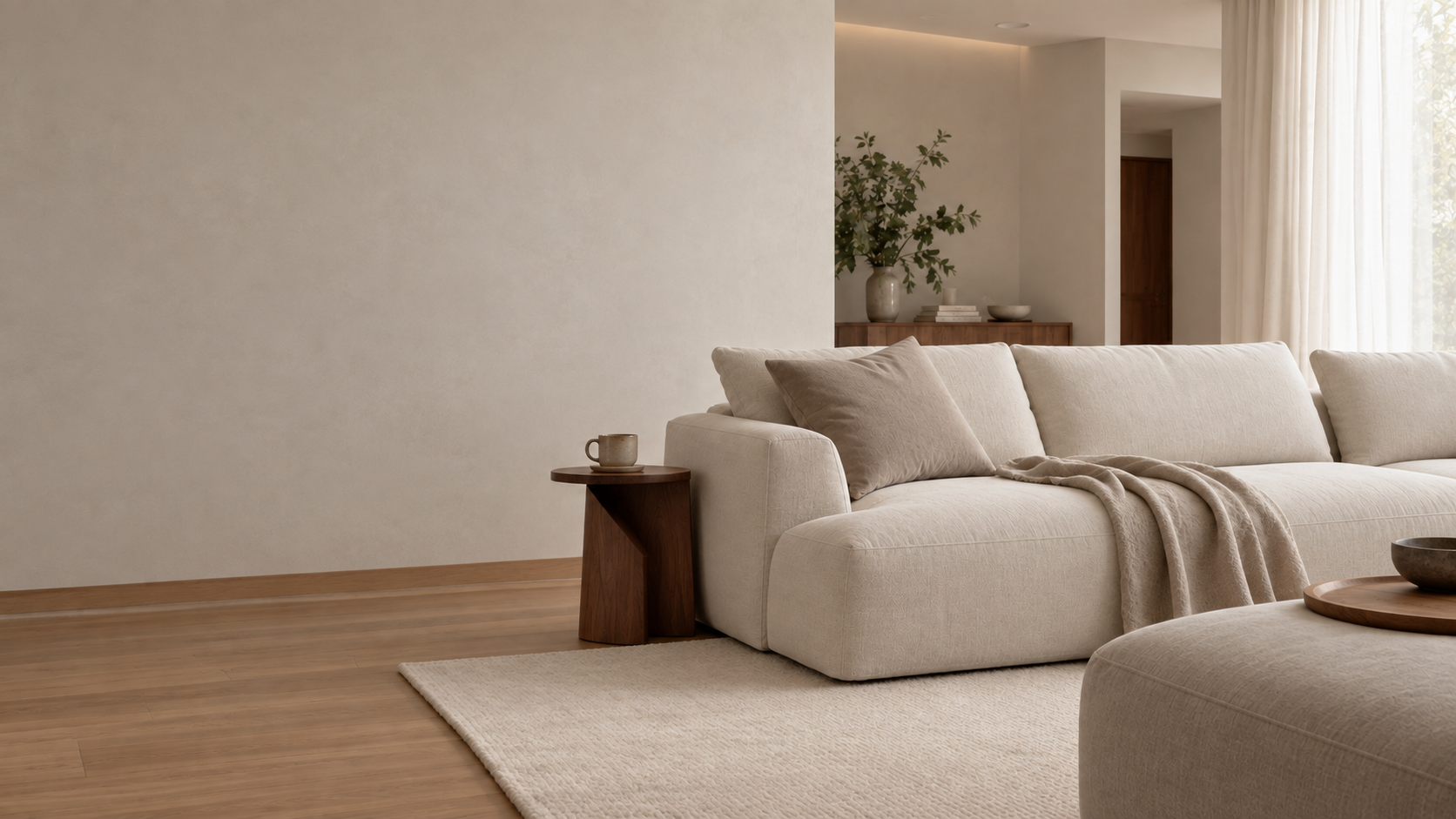 Conceptual living room with fine ivory upholstery and softly diffused light