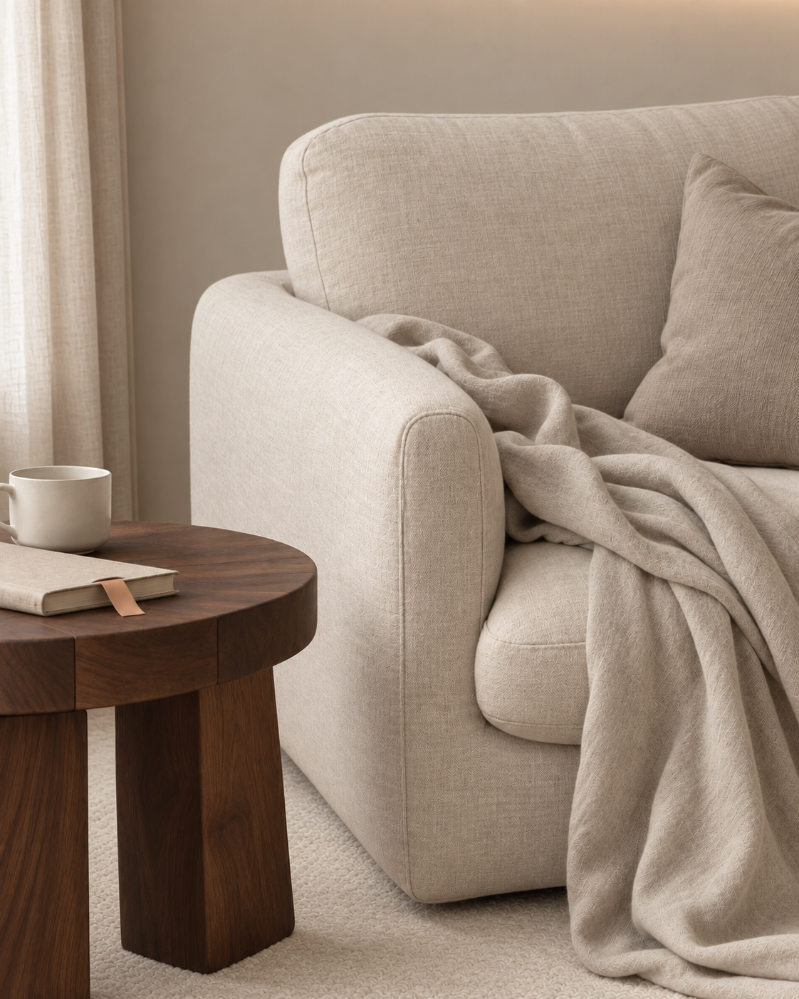 Conceptual quiet moment with a linen armchair, blanket and cup