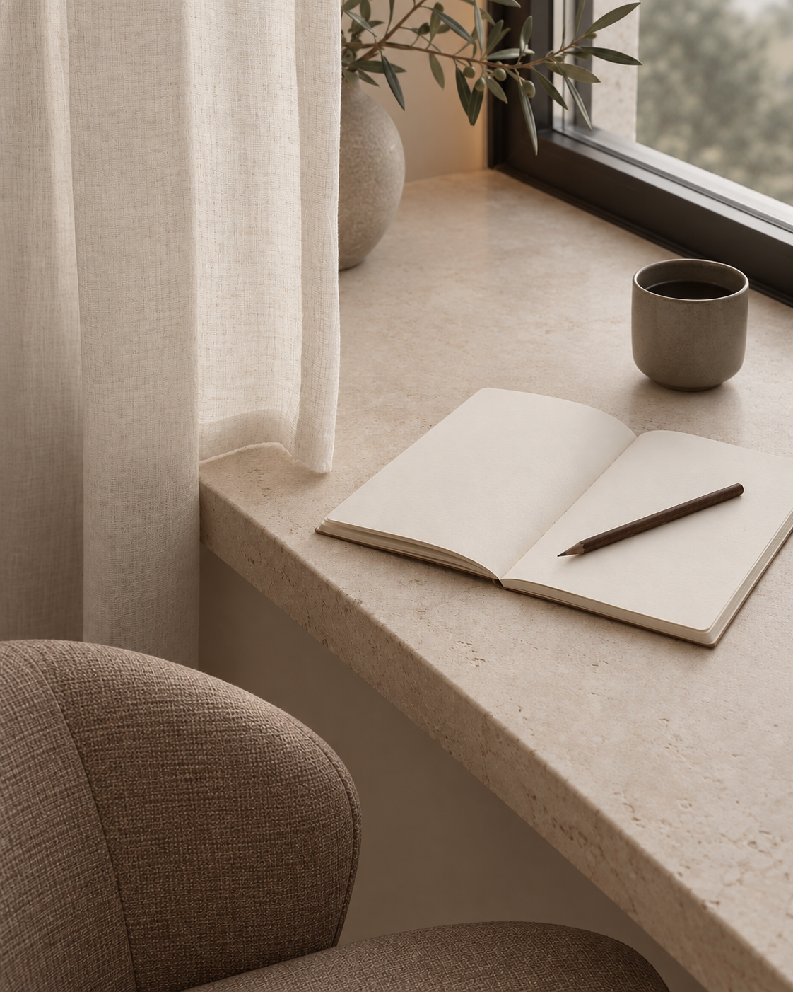 Conceptual writing ritual with an open notebook and cup by a sunlit window
